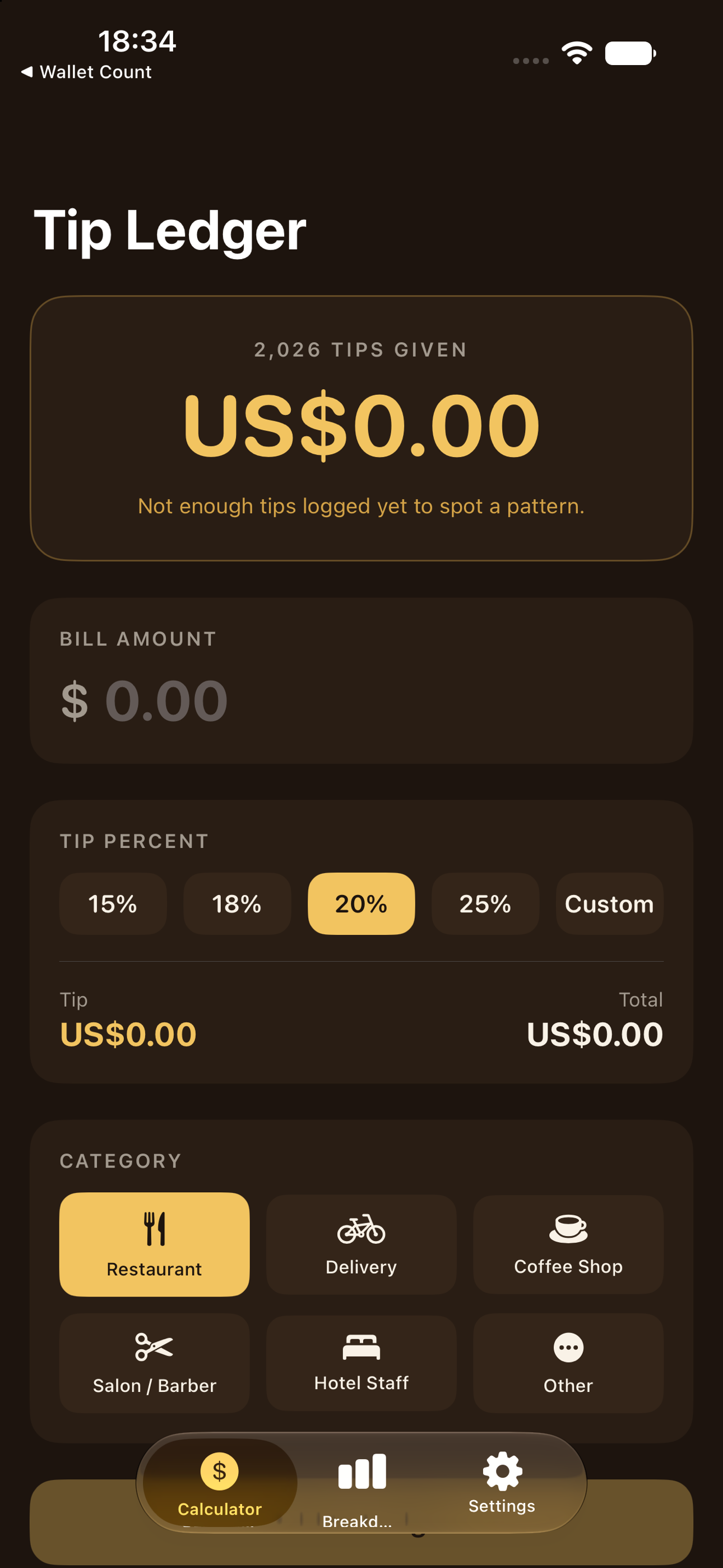 Tip Ledger home screen showing the bill amount, tip percent picker, and category selector over the running year-total.