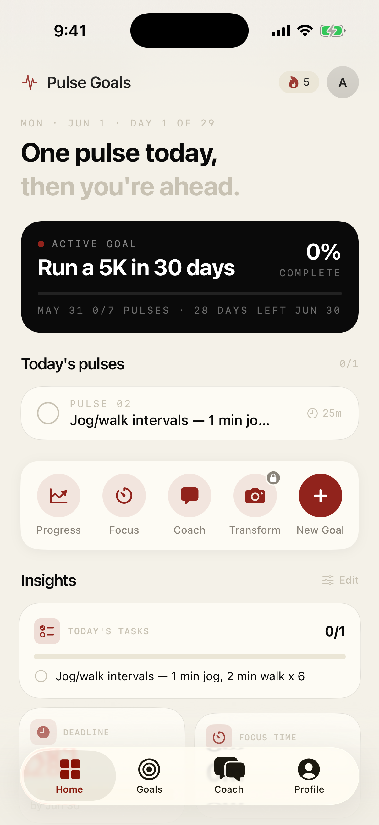 Pulse dashboard showing today's pulses, active goal and streak